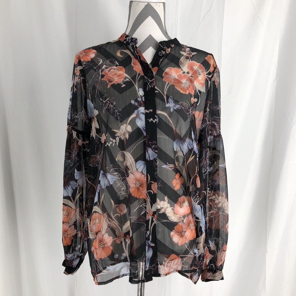 Who What Wear Size M Black Floral Sheer Bow Tie ruffle Collar Long Sleeve Top
